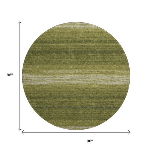 8' Olive Green And Ivory Striped Washable Round Rug With UV Protection