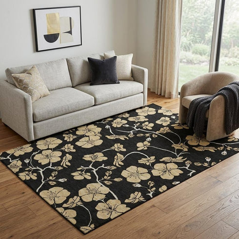 5' X 8' Black And Wheat Floral Washable Area Rug With UV Protection