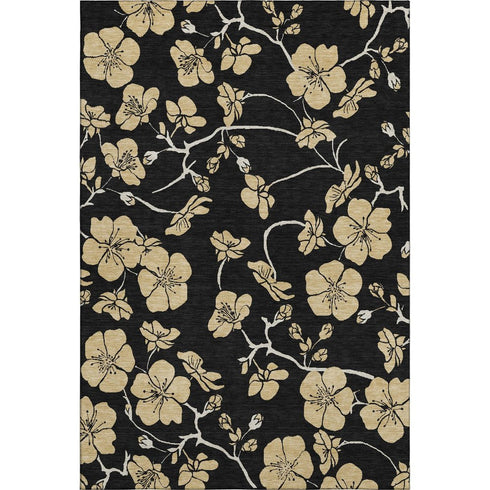 5' X 8' Black And Wheat Floral Washable Area Rug With UV Protection