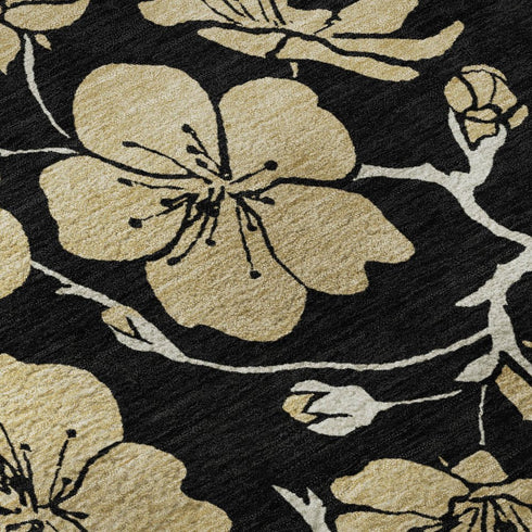 5' X 8' Black And Wheat Floral Washable Area Rug With UV Protection