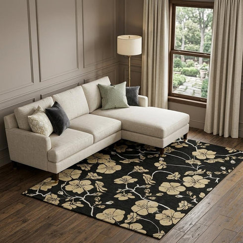 8' X 10' Black And Wheat Floral Washable Area Rug With UV Protection