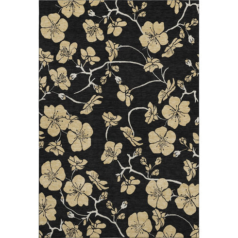 8' X 10' Black And Wheat Floral Washable Area Rug With UV Protection
