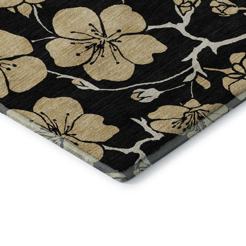 8' X 10' Black And Wheat Floral Washable Area Rug With UV Protection
