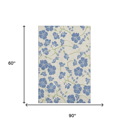 5' X 8' Linen Blue And Green Floral Washable Area Rug With UV Protection