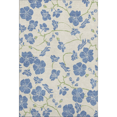 5' X 8' Linen Blue And Green Floral Washable Area Rug With UV Protection