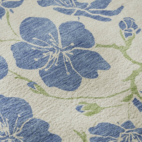 5' X 8' Linen Blue And Green Floral Washable Area Rug With UV Protection