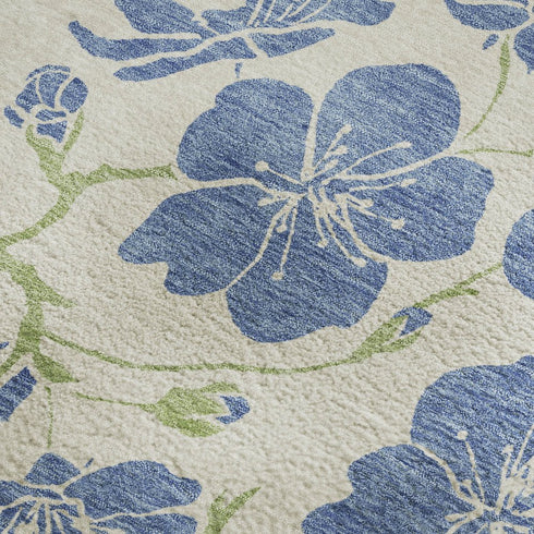 5' X 8' Linen Blue And Green Floral Washable Area Rug With UV Protection