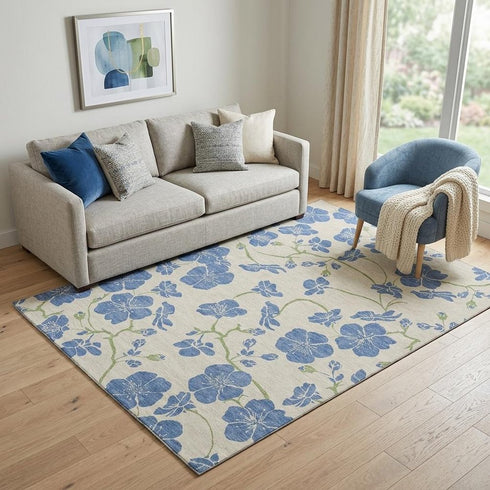 5' X 8' Linen Blue And Green Floral Washable Area Rug With UV Protection