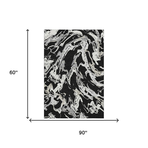 5' X 8' Black Ivory And Gray Abstract Washable Area Rug With UV Protection