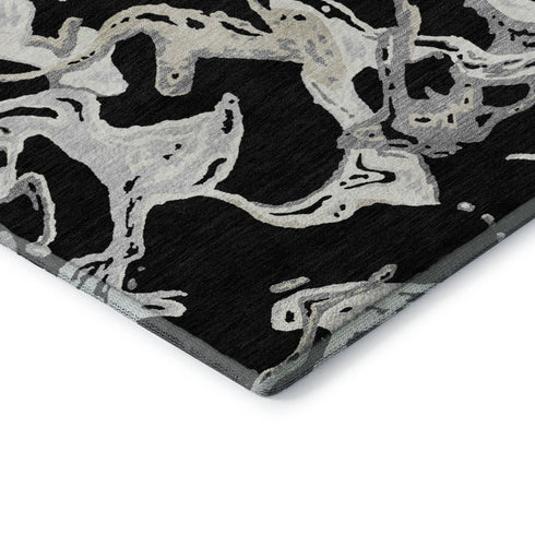 5' X 8' Black Ivory And Gray Abstract Washable Area Rug With UV Protection