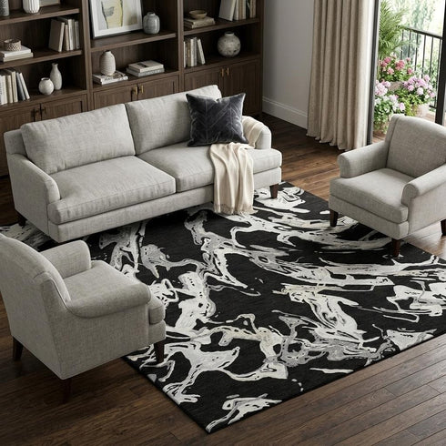 8' X 10' Black Ivory And Gray Abstract Washable Area Rug With UV Protection