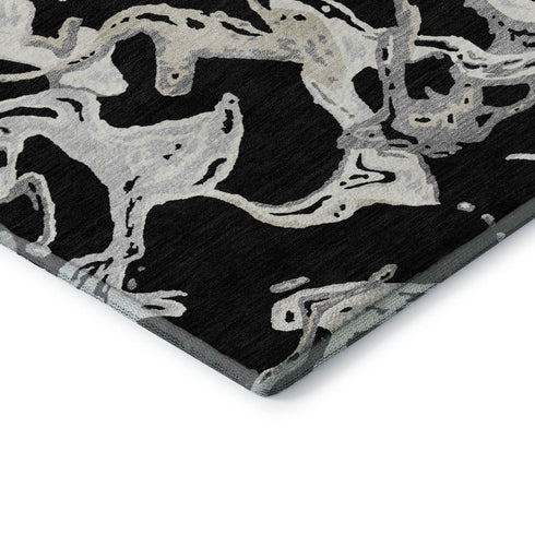 8' X 10' Black Ivory And Gray Abstract Washable Area Rug With UV Protection