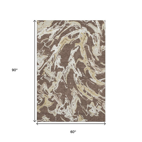 5' X 8' Brown Ivory And Gold Abstract Washable Area Rug With UV Protection