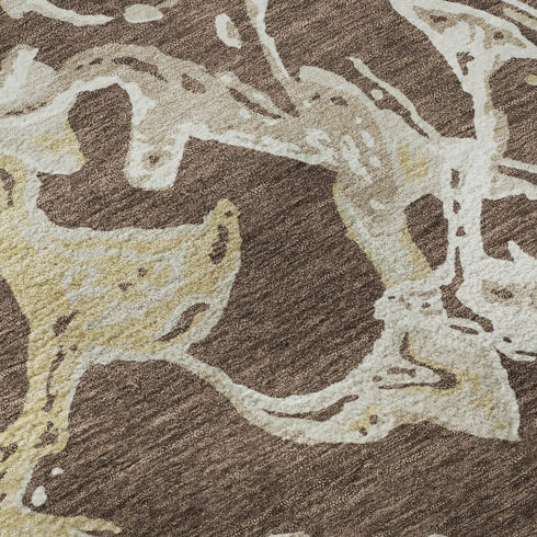 5' X 8' Brown Ivory And Gold Abstract Washable Area Rug With UV Protection