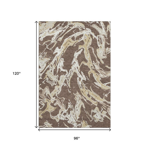 8' X 10' Brown Ivory And Gold Abstract Washable Area Rug With UV Protection