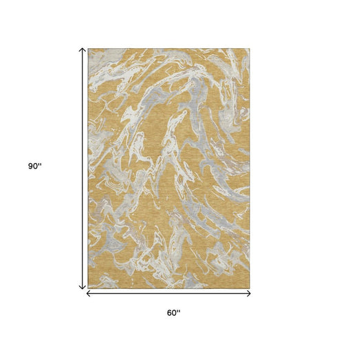 5' X 8' Gold Gray And Beige Abstract Washable Area Rug With UV Protection