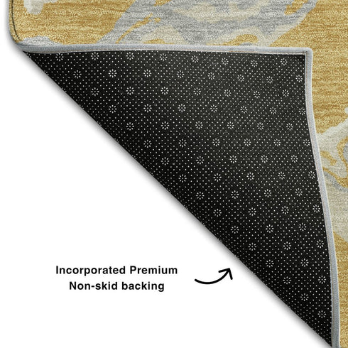 8' Gold Gray And Beige Abstract Washable Round Rug With UV Protection