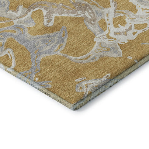8' Gold Gray And Beige Abstract Washable Round Rug With UV Protection