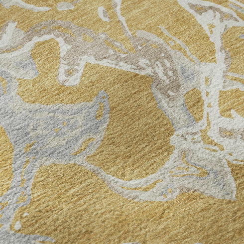 8' Gold Gray And Beige Abstract Washable Round Rug With UV Protection