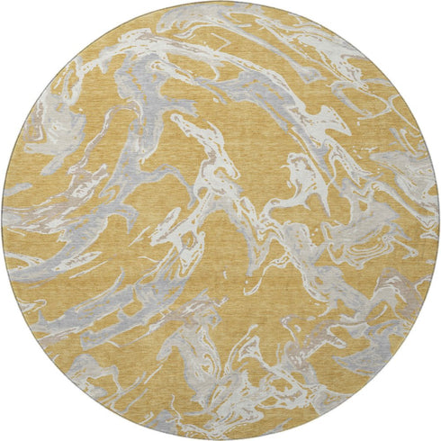 8' Gold Gray And Beige Abstract Washable Round Rug With UV Protection
