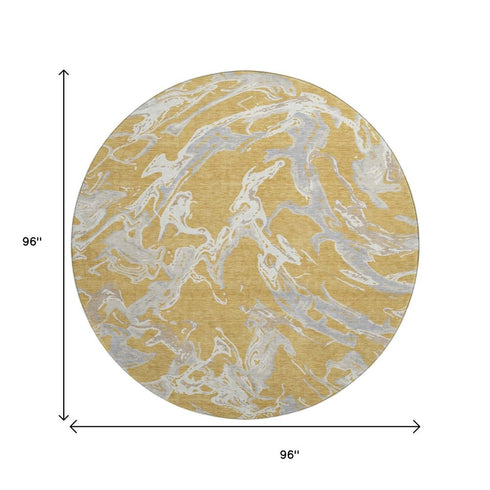 8' Gold Gray And Beige Abstract Washable Round Rug With UV Protection