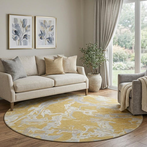 8' Gold Gray And Beige Abstract Washable Round Rug With UV Protection