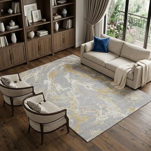 8' X 10' Gray Gold And Ivory Abstract Washable Area Rug With UV Protection