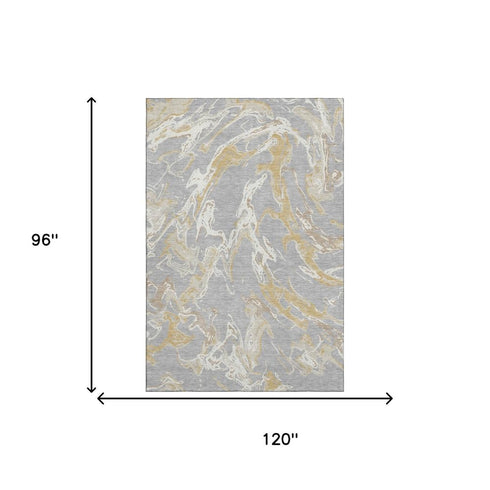 8' X 10' Gray Gold And Ivory Abstract Washable Area Rug With UV Protection