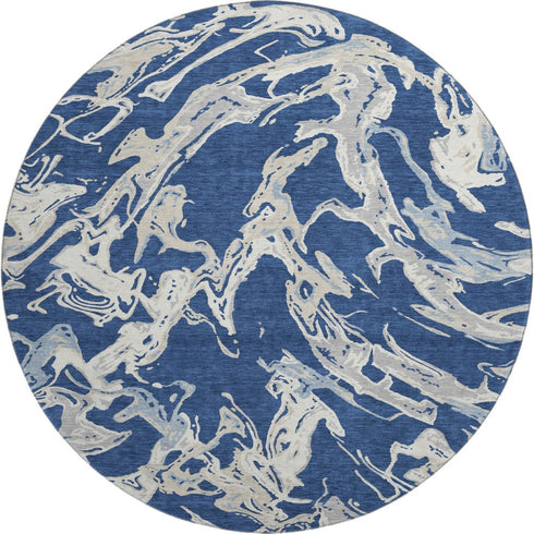 8' Navy Blue Ivory And Gray Abstract Washable Round Rug With UV Protection