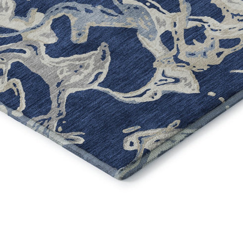 8' Navy Blue Ivory And Gray Abstract Washable Round Rug With UV Protection