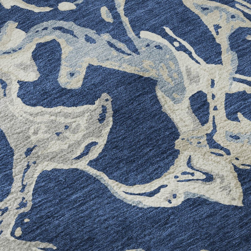 8' Navy Blue Ivory And Gray Abstract Washable Round Rug With UV Protection