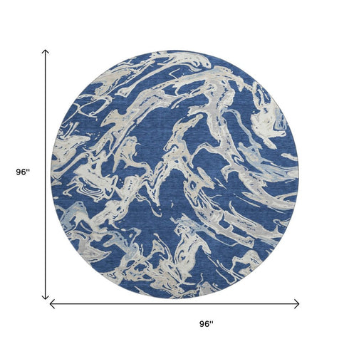 8' Navy Blue Ivory And Gray Abstract Washable Round Rug With UV Protection