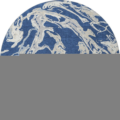8' Navy Blue Ivory And Gray Abstract Washable Round Rug With UV Protection