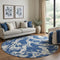 8' Navy Blue Ivory And Gray Abstract Washable Round Rug With UV Protection