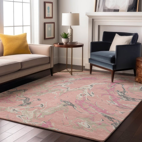 9' X 12' Pink Ivory And Gray Abstract Washable Area Rug With UV Protection