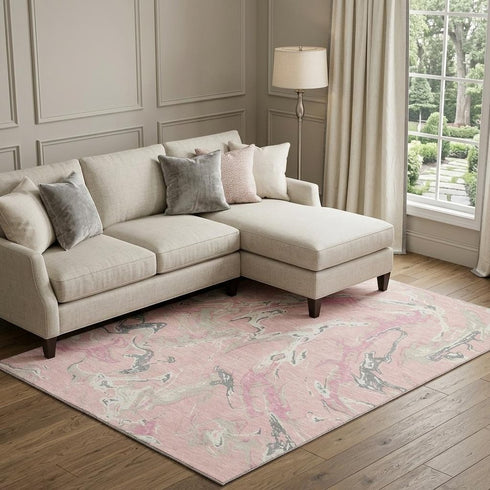 9' X 12' Pink Ivory And Gray Abstract Washable Area Rug With UV Protection