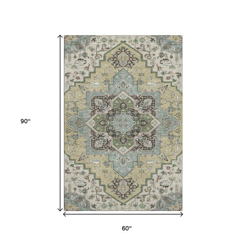 5' X 8' Beige Sage And Ivory Oriental Washable Area Rug With UV Protection