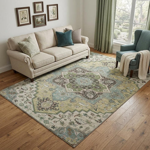 5' X 8' Beige Sage And Ivory Oriental Washable Area Rug With UV Protection