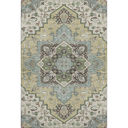 5' X 8' Beige Sage And Ivory Oriental Washable Area Rug With UV Protection