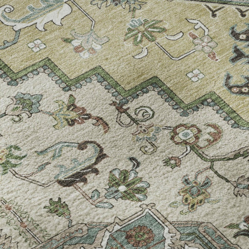 5' X 8' Beige Sage And Ivory Oriental Washable Area Rug With UV Protection