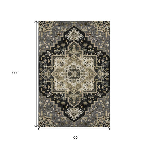 5' X 8' Black Gold And Beige Oriental Washable Area Rug With UV Protection