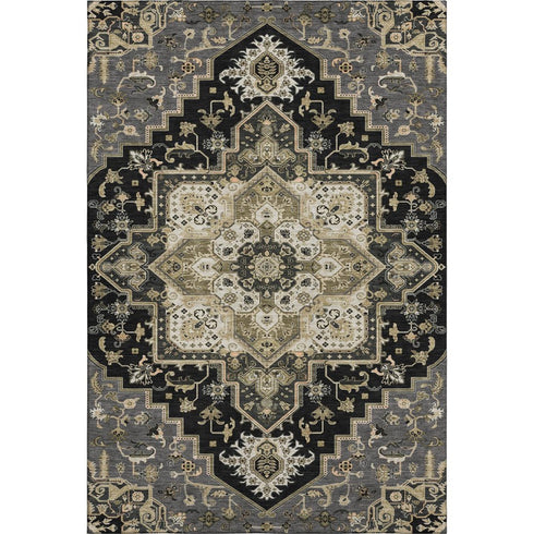 5' X 8' Black Gold And Beige Oriental Washable Area Rug With UV Protection