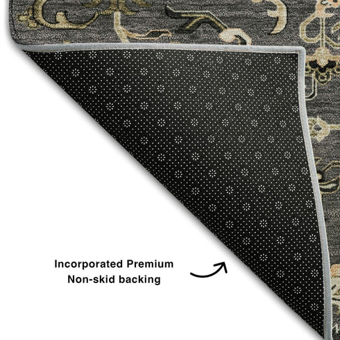 5' X 8' Black Gold And Beige Oriental Washable Area Rug With UV Protection