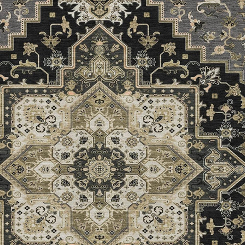 5' X 8' Black Gold And Beige Oriental Washable Area Rug With UV Protection