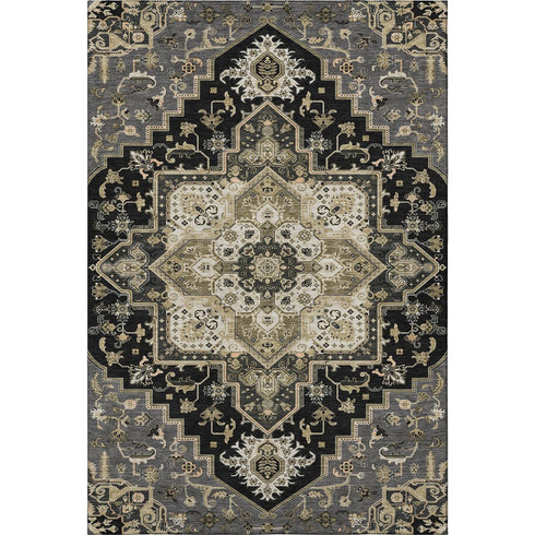5' X 8' Black Gold And Beige Oriental Washable Area Rug With UV Protection