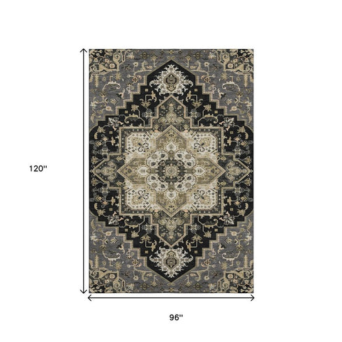 8' X 10' Black Gold And Beige Oriental Washable Area Rug With UV Protection