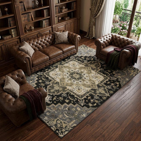 8' X 10' Black Gold And Beige Oriental Washable Area Rug With UV Protection