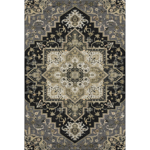8' X 10' Black Gold And Beige Oriental Washable Area Rug With UV Protection