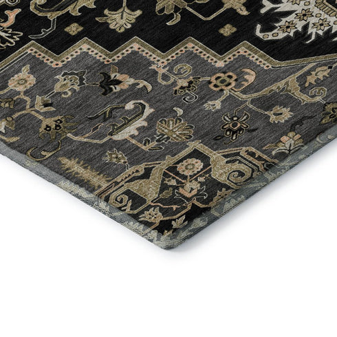 8' X 10' Black Gold And Beige Oriental Washable Area Rug With UV Protection