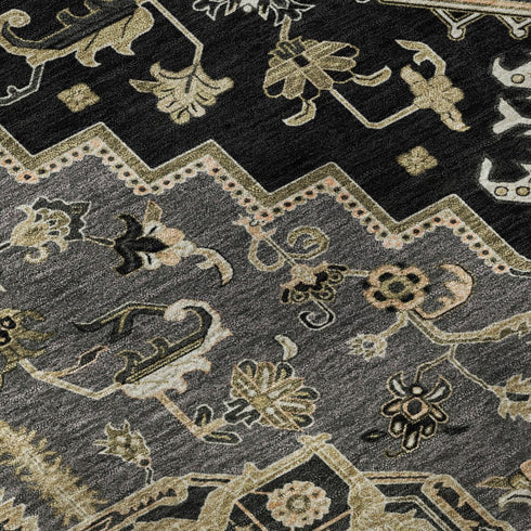 8' X 10' Black Gold And Beige Oriental Washable Area Rug With UV Protection